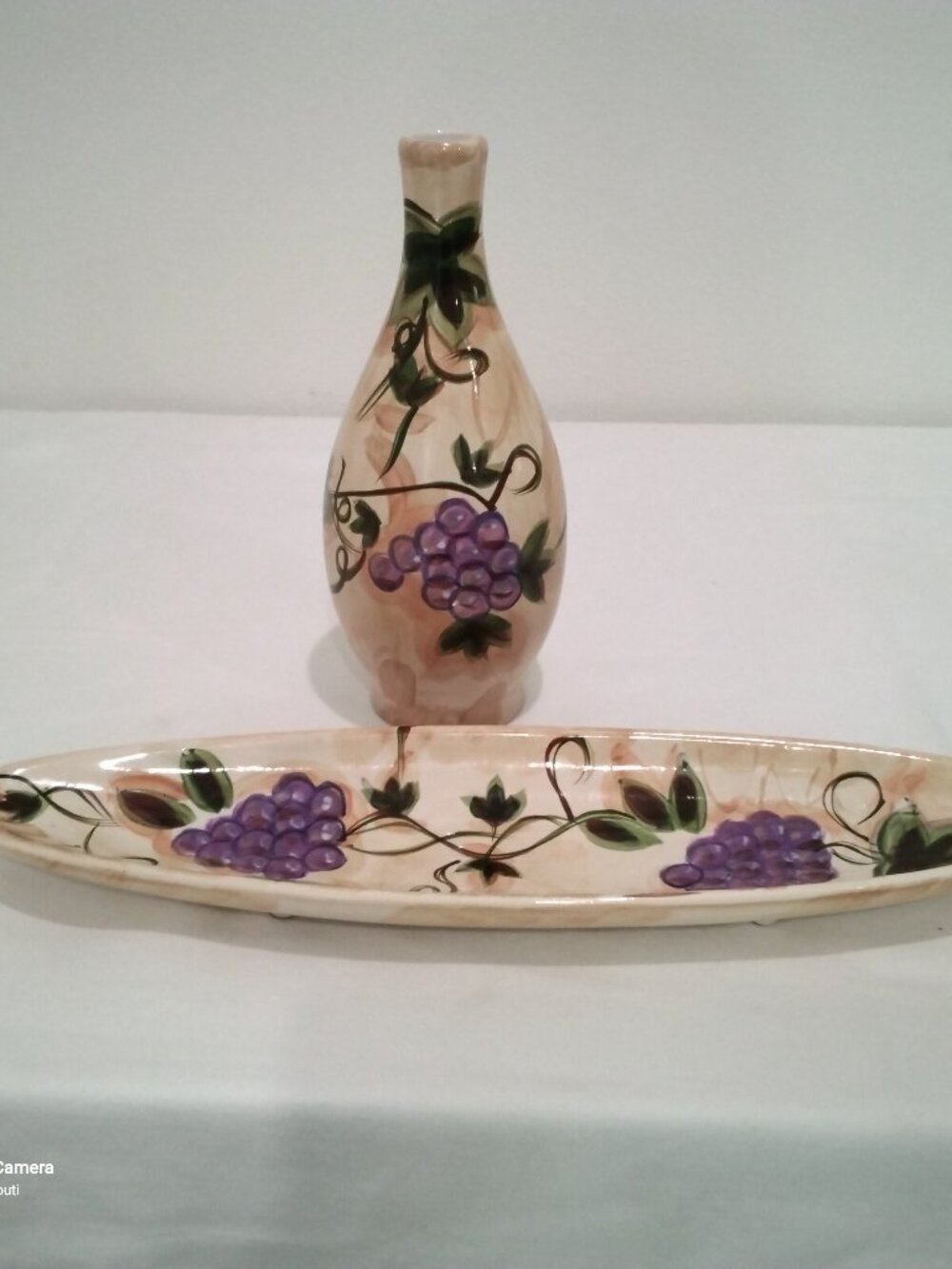 VTG Barcelona Grape Hand Painted Ceramic Oil Bottle/Bud Vase & Footed Platter